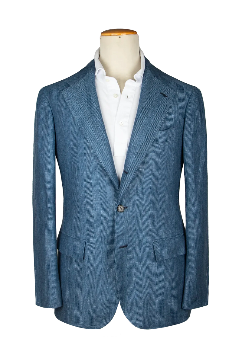Blue Herringbone Linen Unstructured Jacket
