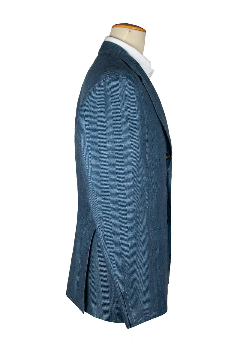 Blue Herringbone Linen Unstructured Jacket