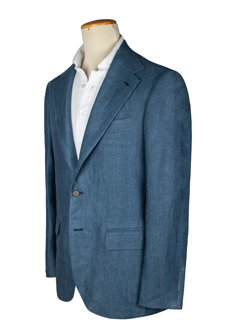 Blue Herringbone Linen Unstructured Jacket