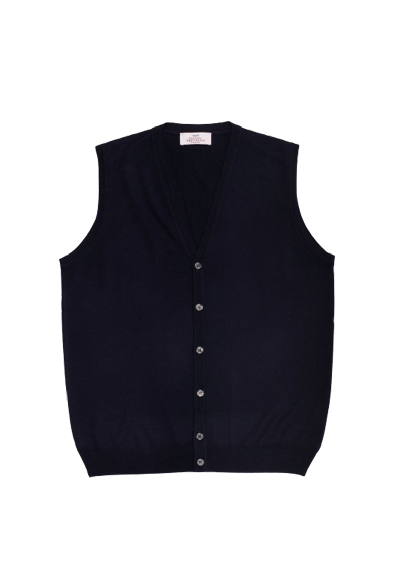 Navy Blue Merino Wool V-Neck Buttoned Waistcoat